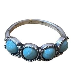 Vintage Style Silver Tone Faux Turquoise Cabochon Four Stone Band Ring Size 4.5
